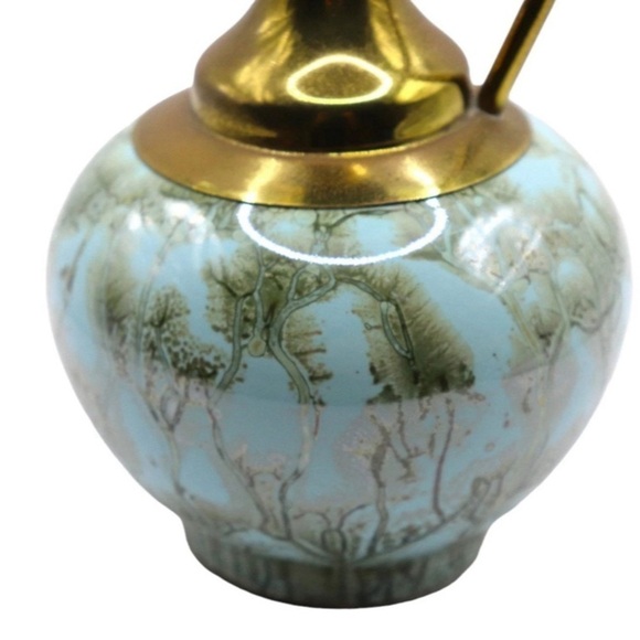 Mid Century Delft Holland Hand Painted Turquoise and Brass Gourd Pitcher Vase - Picture 4 of 5